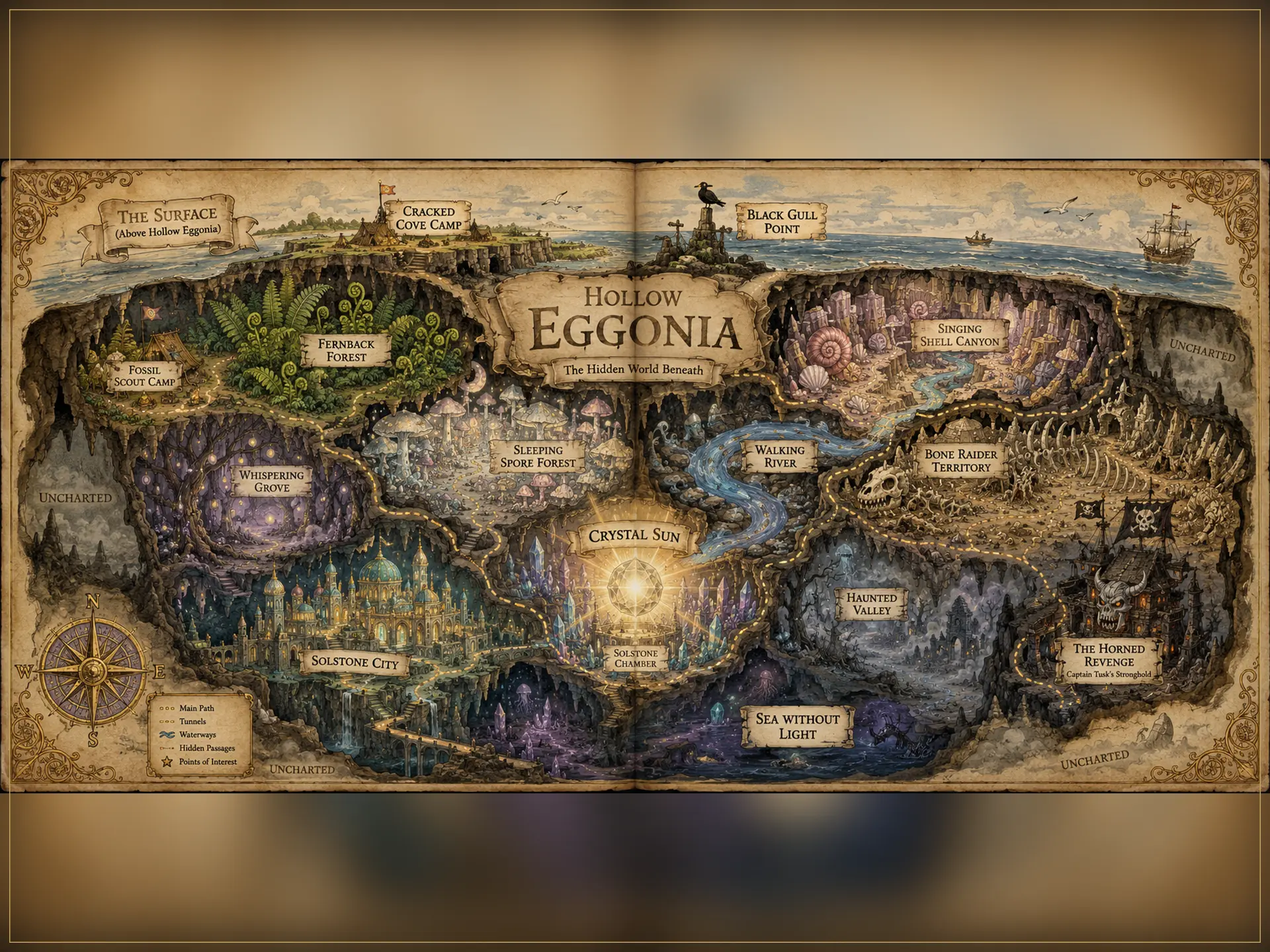 Illustrated map of Hollow Eggonia showing forests, canyons, Solstone City, the Crystal Sun and the Sea Without Light