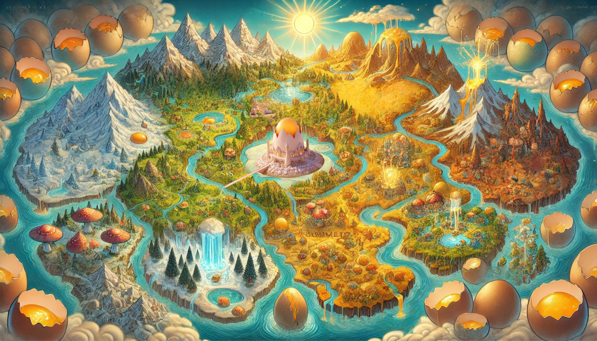 Illustrated map of Eggonia's Surface Mainland with snowy peaks, golden plains, rivers and the great egg citadel