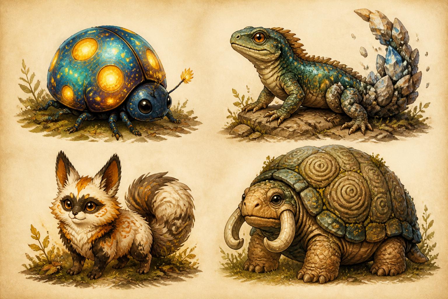 Field guide illustrations of Glowbugs, Rocktail Lizlets, Masktails and a Touggan