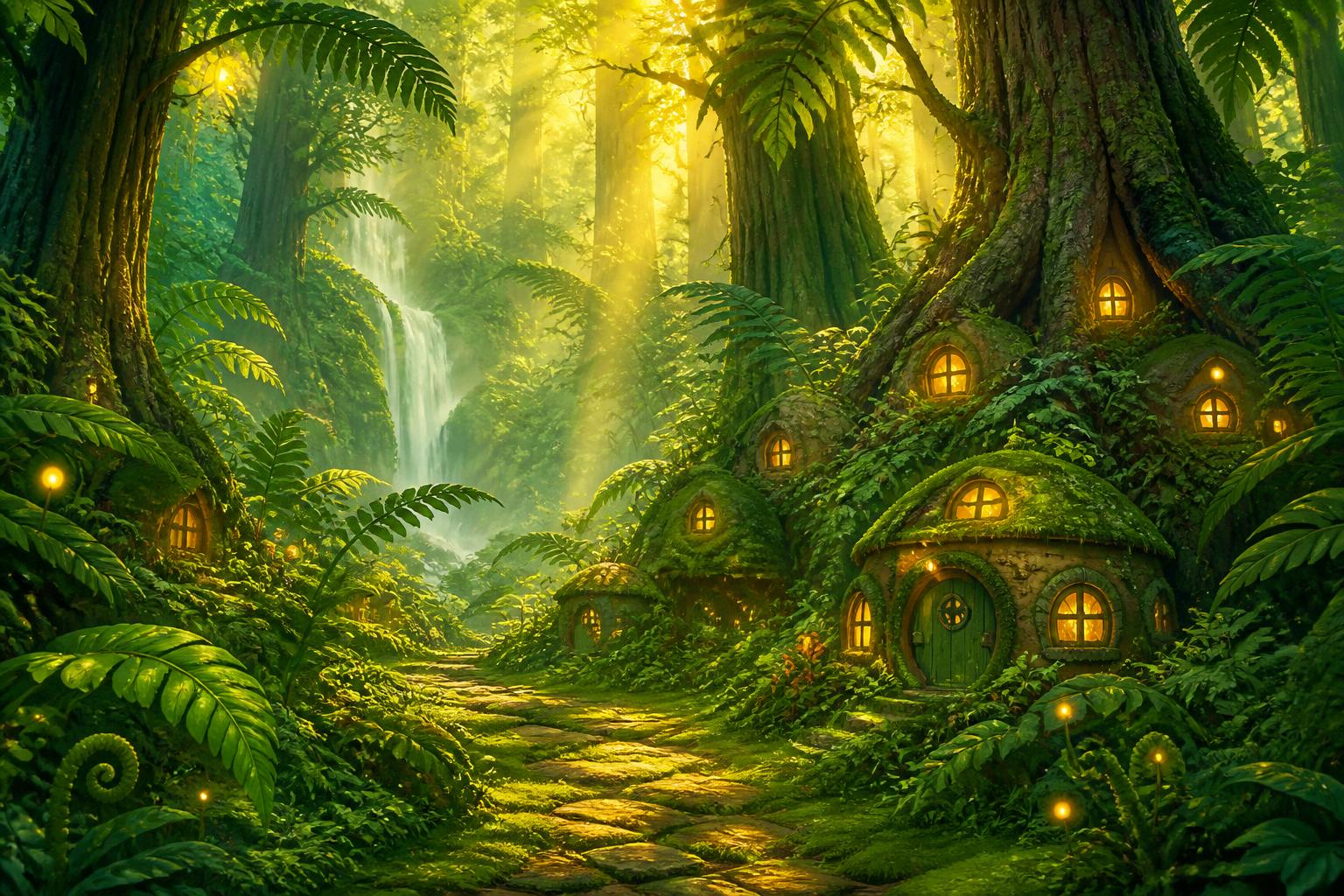 A sunlit path through Fernback Forest, lined with mossy round homes