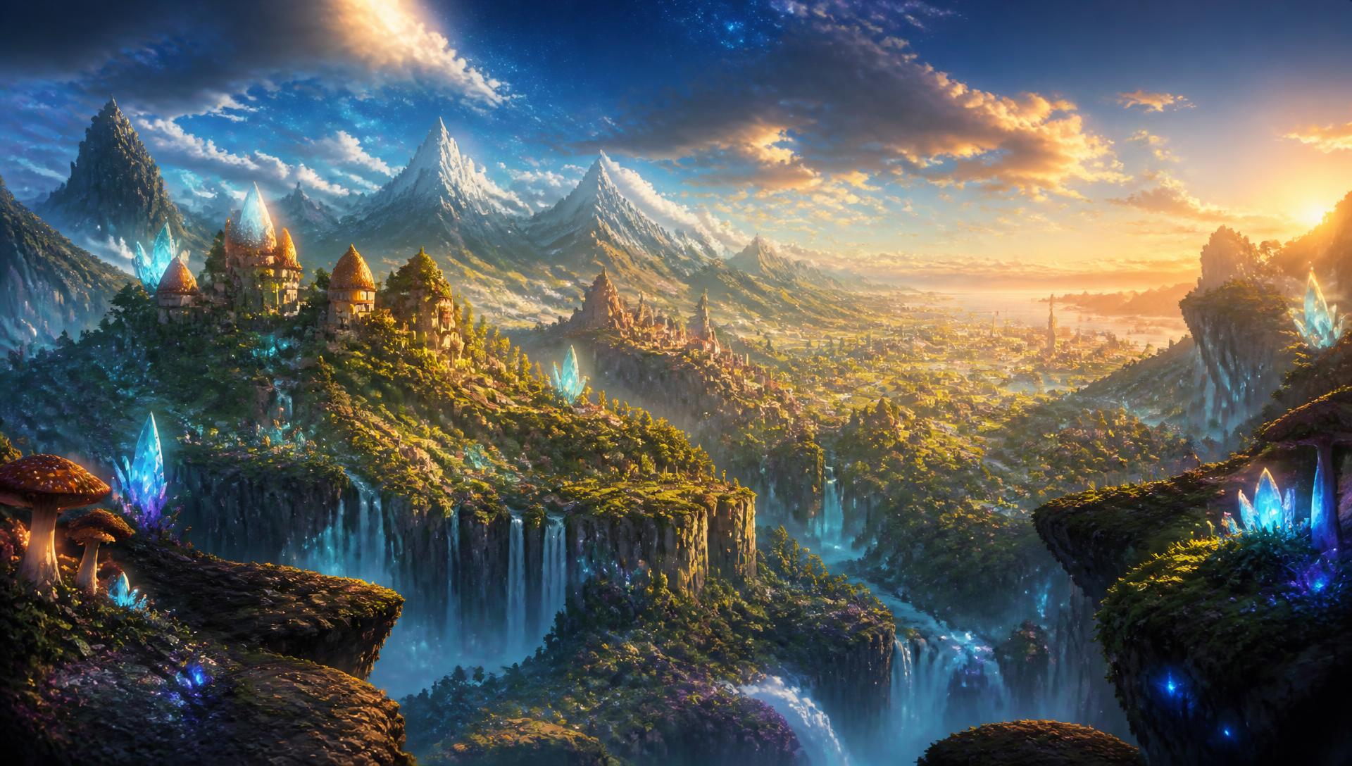 A panoramic view across the World of Eggonia: forests, waterfalls, glowing crystals and distant villages