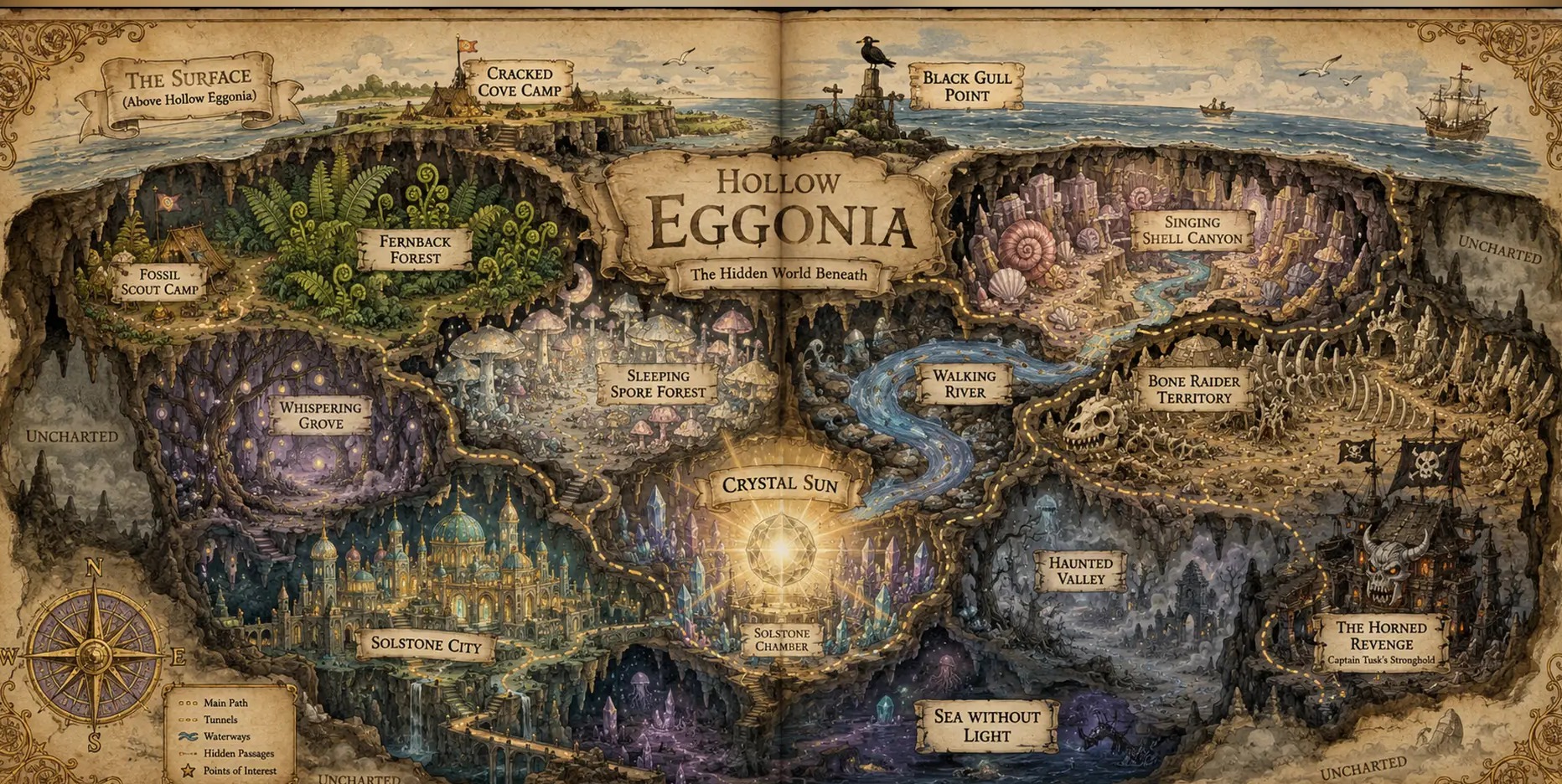 Illustrated map of Hollow Eggonia, the hidden world beneath the surface